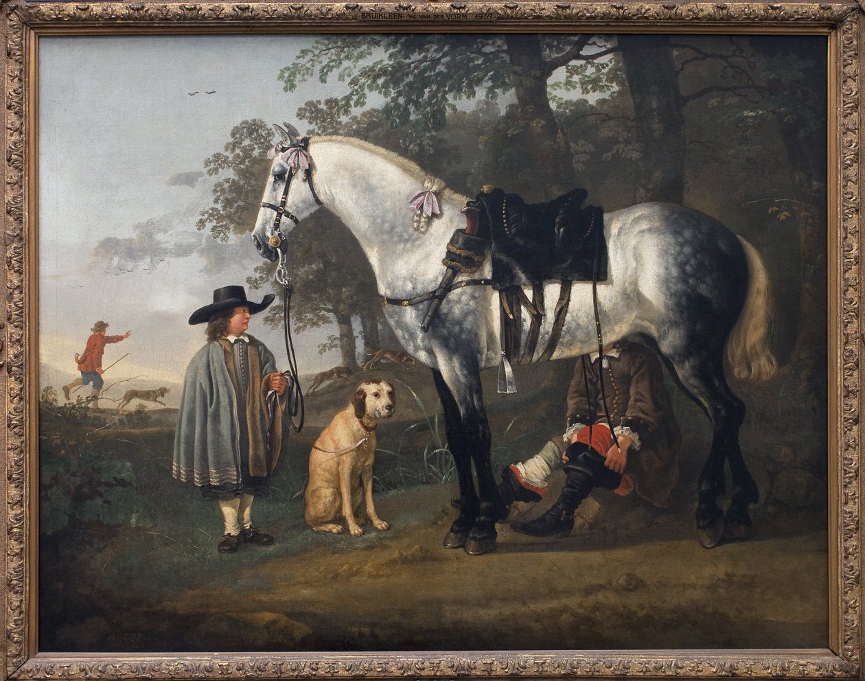 Grå hest i et landskap. Maleri av Albert (Aelbert eller Aelbrecht) Cuyp (1620-1691), olje på lerret, ca 1650. Nederlandsk kunst av Aelbert Cuyp