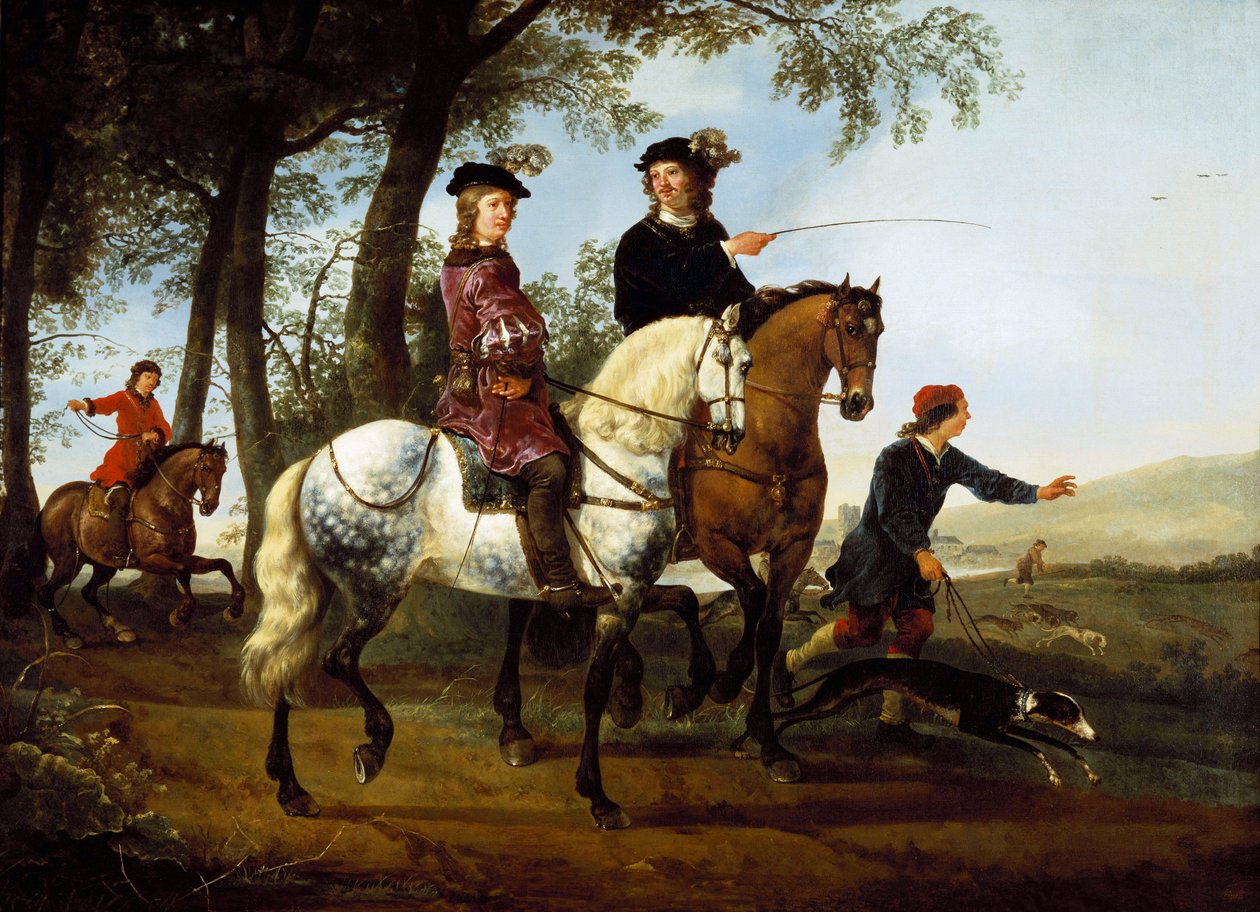 Landskap med idrettsmenn som drar ut på jakt, tidlig på 1650-tallet av Aelbert Cuyp