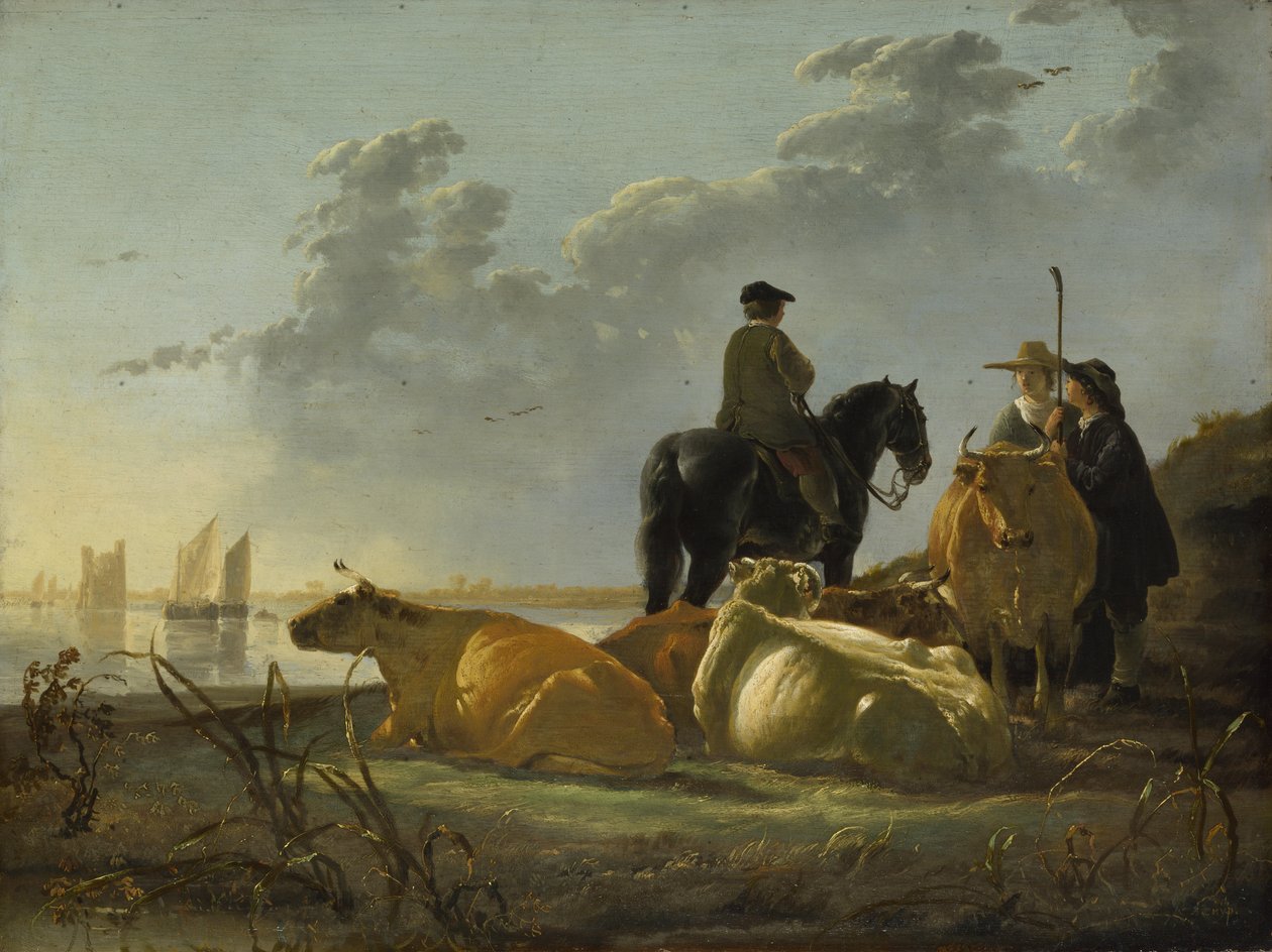 Bønder og storfe ved elven Merwede, ca. 1655-60 (olje på panel) av Aelbert Cuyp