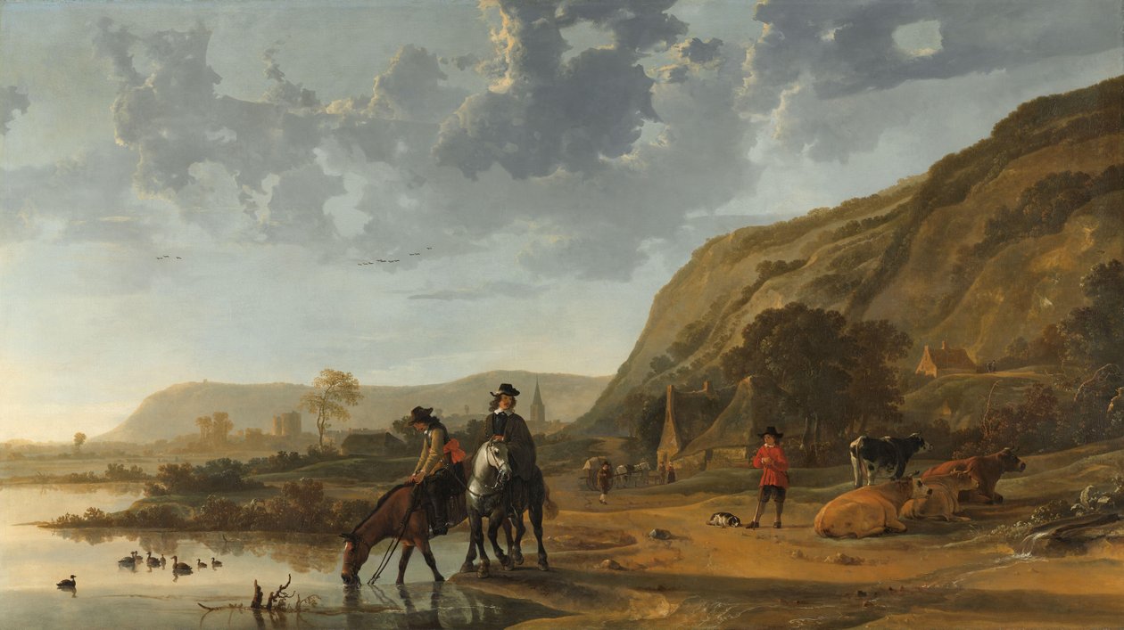 Elvelandskap med ryttere Elvelandskap nær Nijmegen med ryttere som vanner hestene sine av Aelbert Cuyp