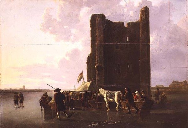 Byfolk med sleder på den frosne Maas ved Huis te Merwede av Aelbert Cuyp