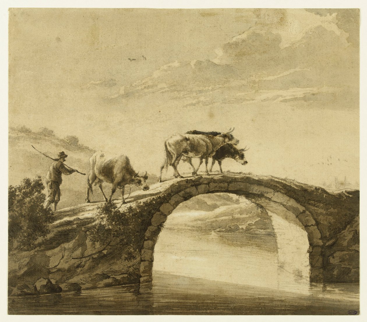 Tre kyr på en bro (Lugt 16) av Aelbert Cuyp