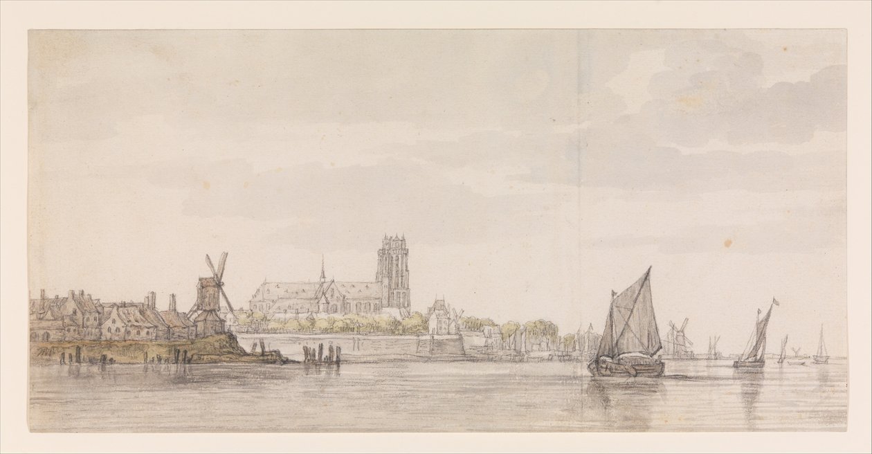 Utsikt over Groote Kerk i Dordrecht fra elven Maas av Aelbert Cuyp