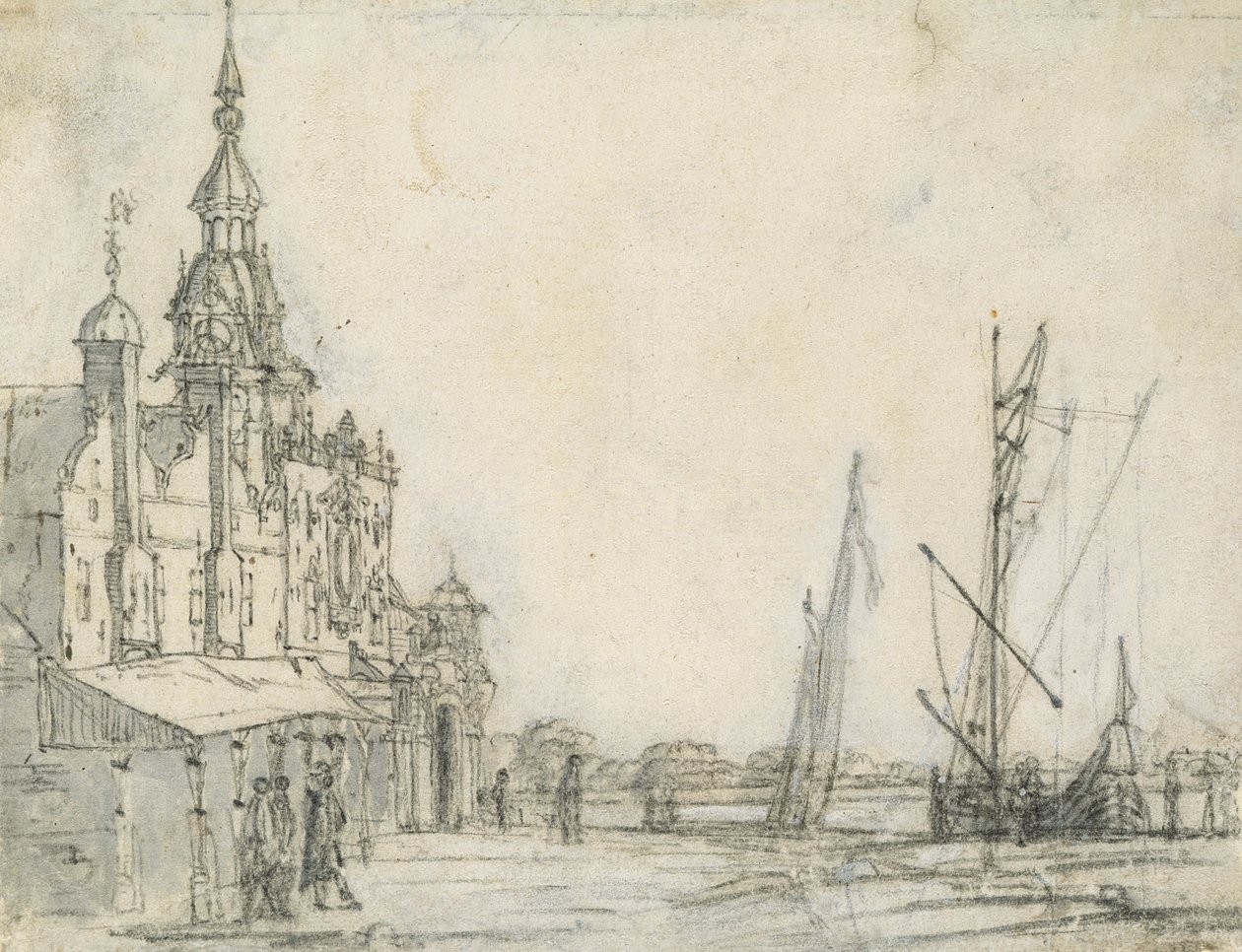 Utsikt over Groothoofdspoort fra nord-øst, Dordrecht, 1618 (kritt på papir) av Aelbert Cuyp