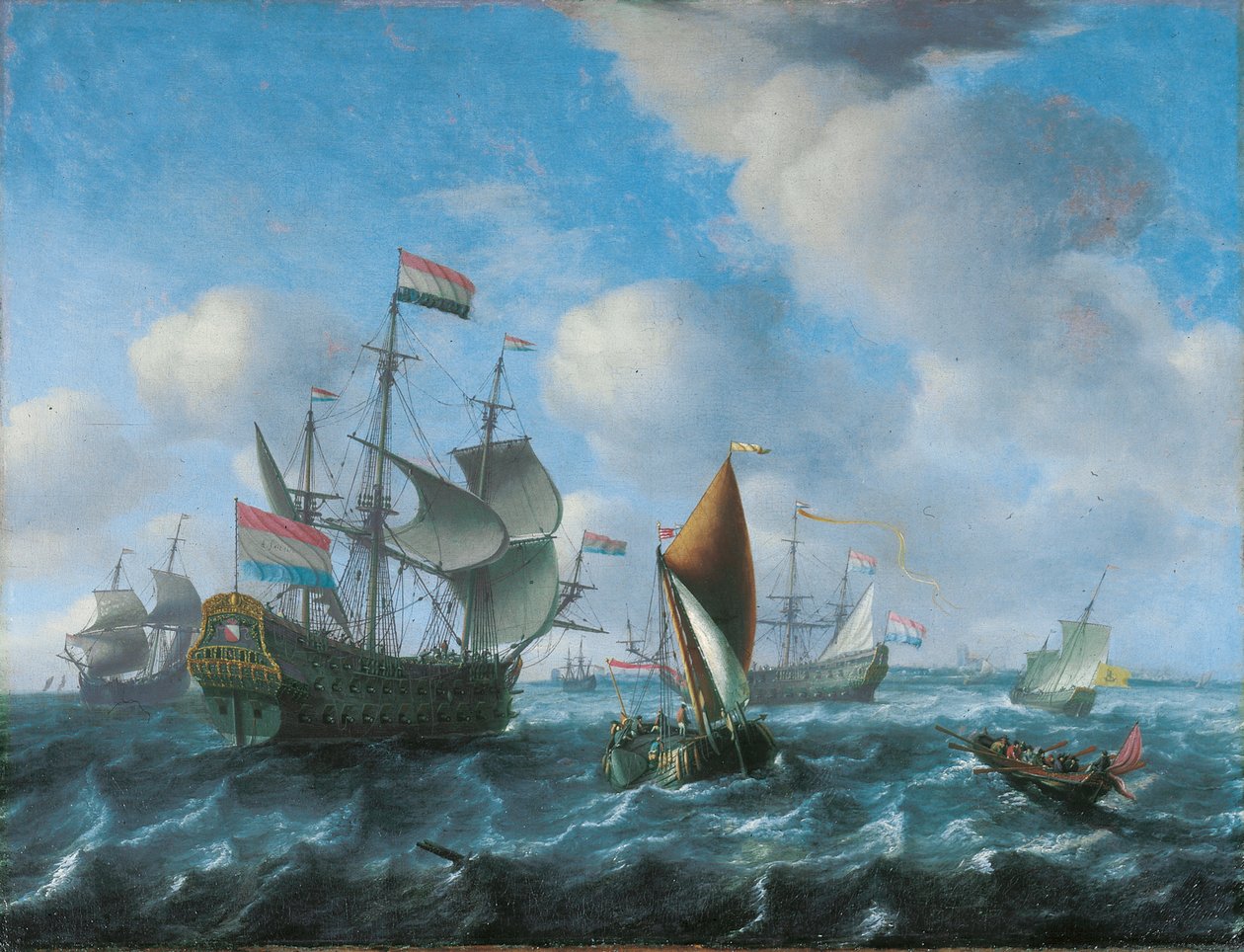 En krigsmann, muligens Het Wapen van Utrecht, et bredt skip og en akterslup i stiv bris, 1671 av Aernout Smit