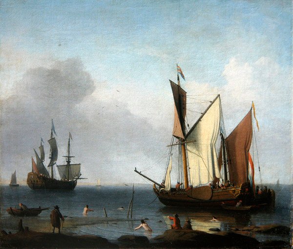 Et marint maleri: nederlandsk kritt fortøyd ved en strand (olje på lerret) av Aernout Smit
