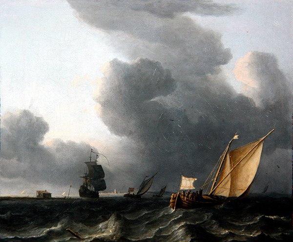 To nederlandske Smalschips og en krigsmann (olje på lerret) av Aernout Smit