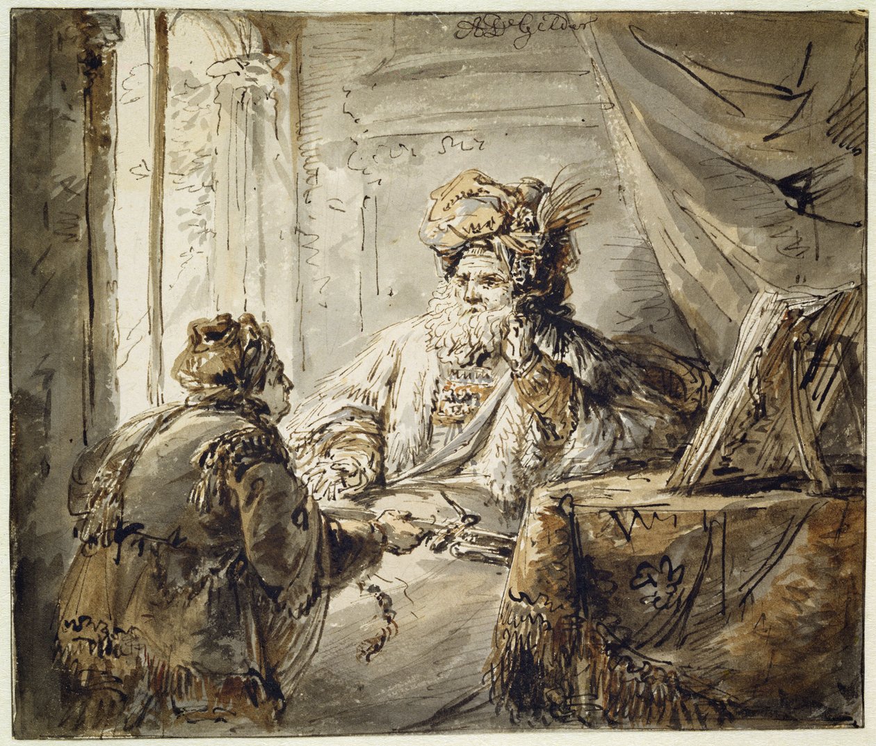 En orientalsk prins som mannen gir et sverd til (penn og pensel med svart, brun og grå vask på papir) av Aernt de Gelder