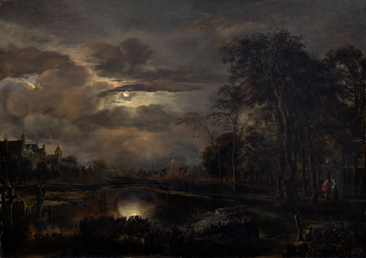 Månebelyst landskap med bro av Aert van der Neer