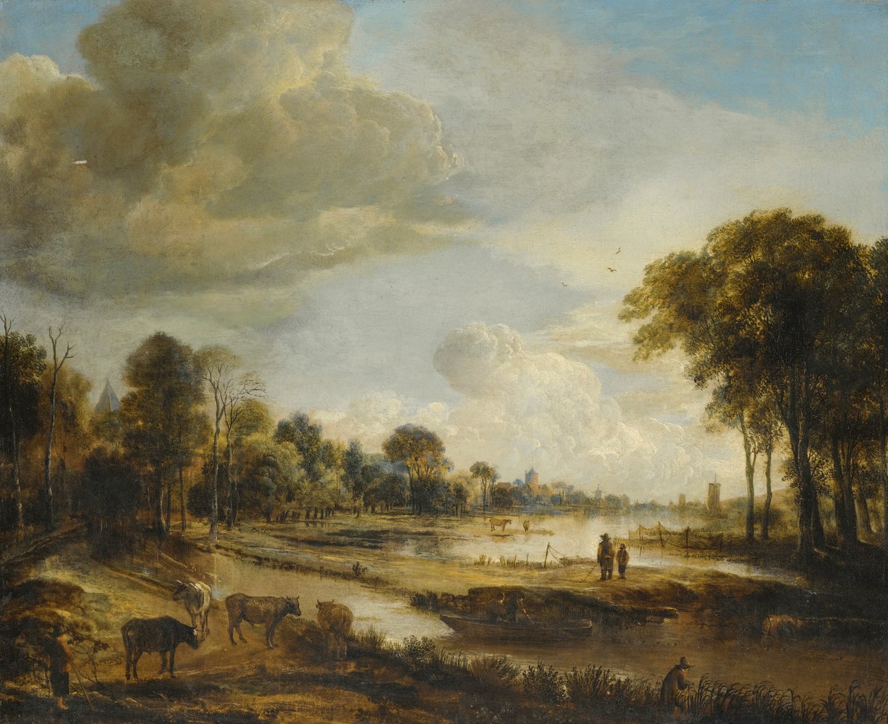 Et elvelandskap med figurer og storfe av Aert van der Neer