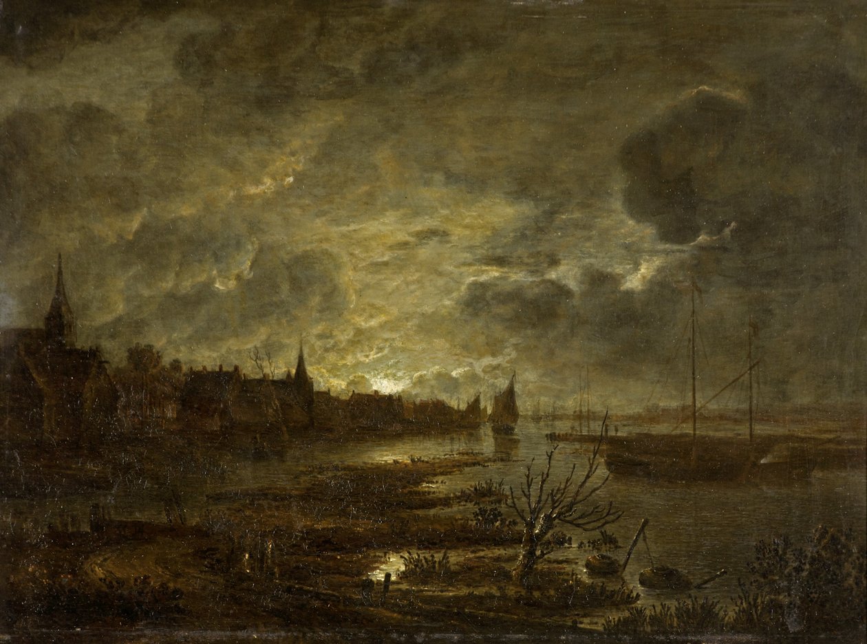 A Village on a River by Moonlight, ca. 1645-1700 av Aert van der Neer