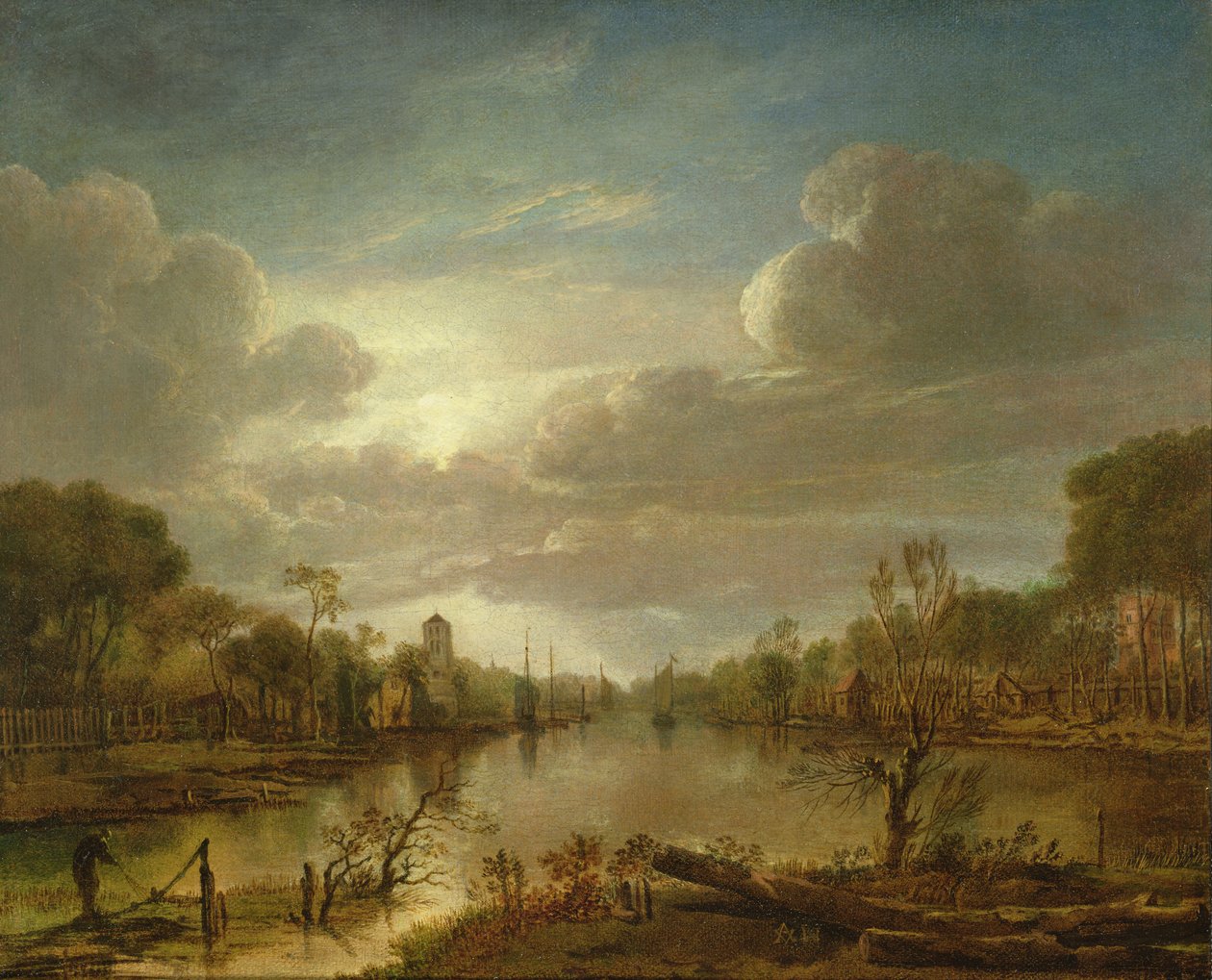 Et elvelandskap ved måneskinn, 1600-tallet av Aert van der Neer