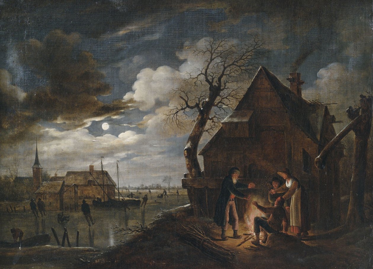 Nederlandsk kanallandskap ved måneskinn med skøyter og et bål hvor bønder varmer seg av Aert van der Neer