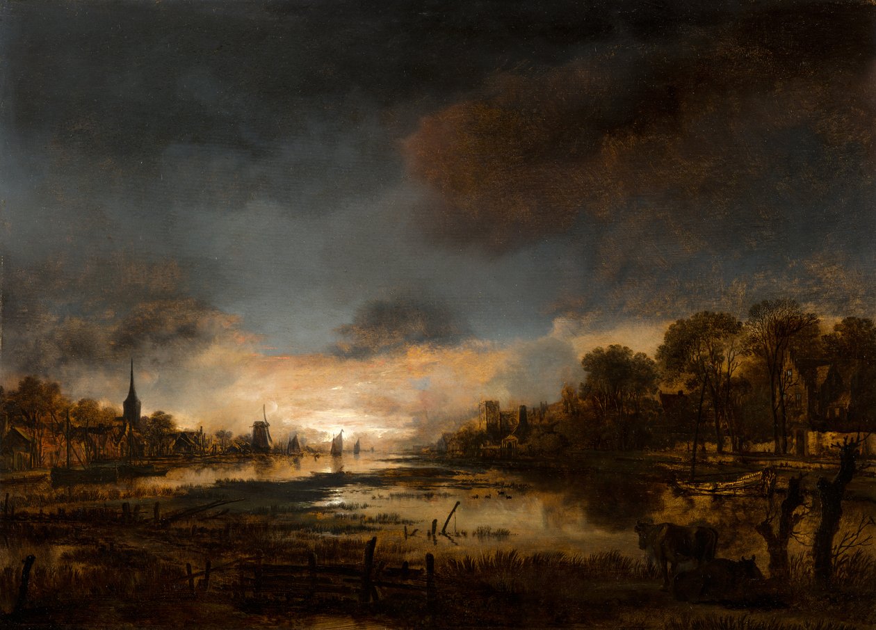Elvelandskap ved solnedgang av Aert van der Neer