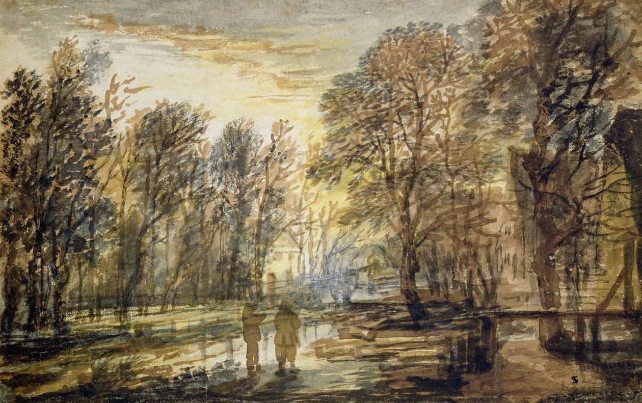 Sunset in the Wood (blyant og brunt blekk på papir) av Aert van der Neer