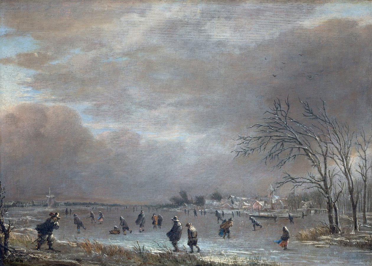 Vinterlandskap med skatere på en frossen elv av Aert van der Neer