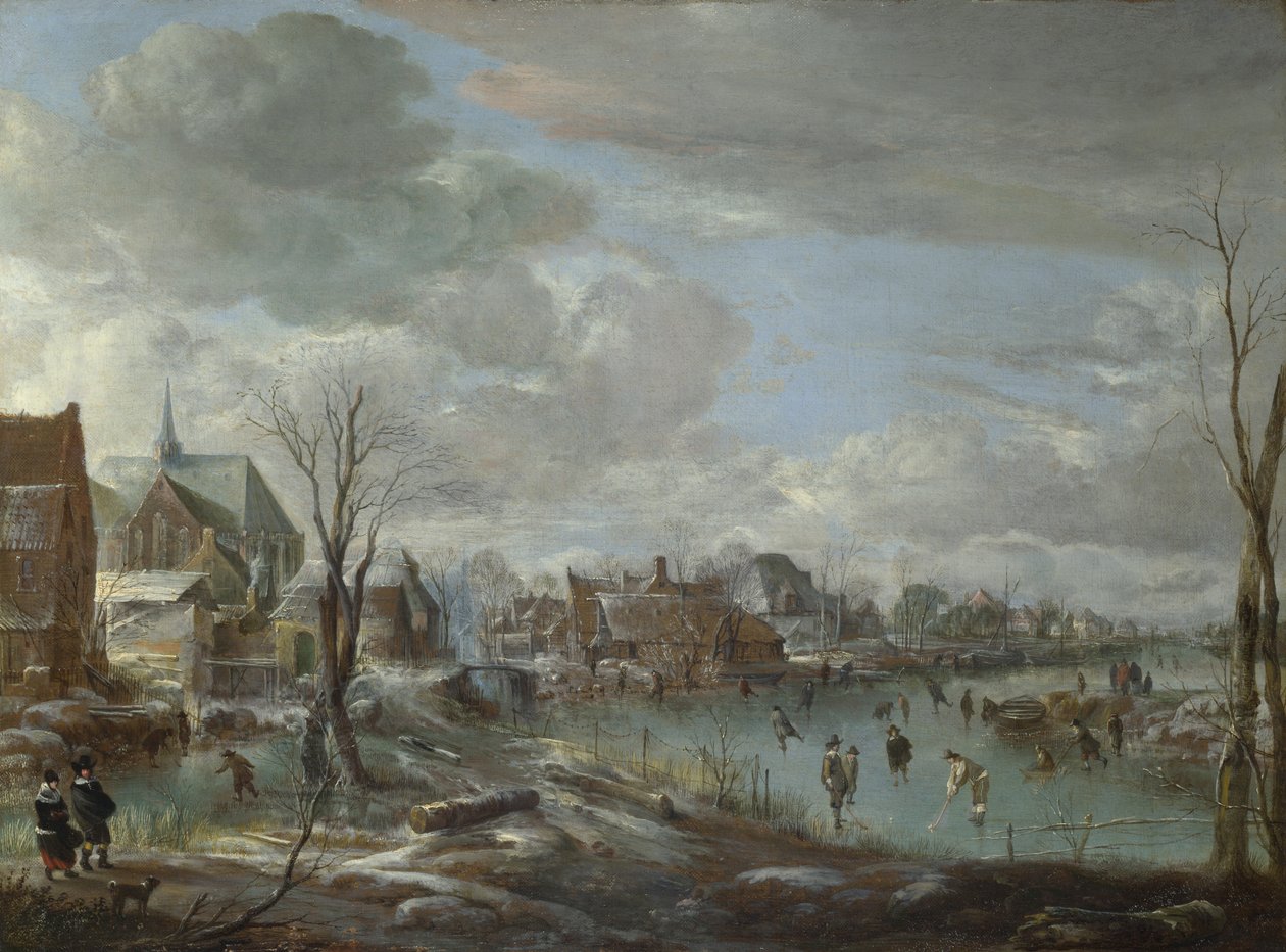 En frossen elv nær en landsby, med golfere og skatere, ca. 1647-1648 av Aert van der Neer