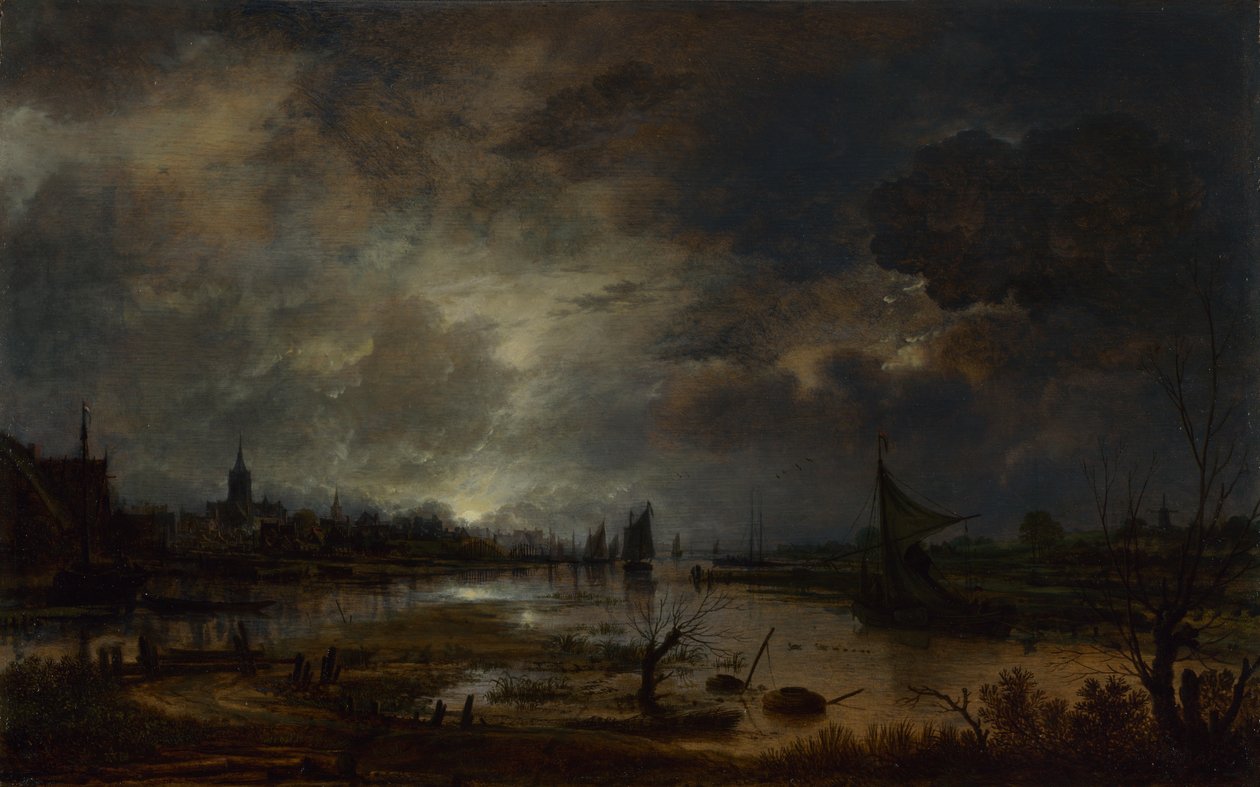 En elv nær en by, ved måneskinn, ca. 1645 av Aert van der Neer