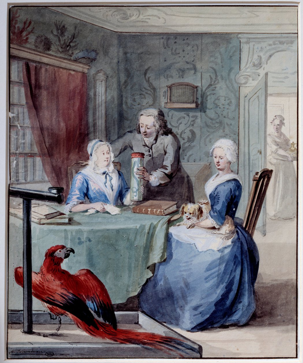 En naturforsker viser to kvinner en krukke som inneholder en slange i forgrunnen en papegøye. Akvarell av Aert Schouman (1710-1792) 1700-tallets søn. 0,24x0,2 m Paris, Musée du Louvre av Aert Schouman