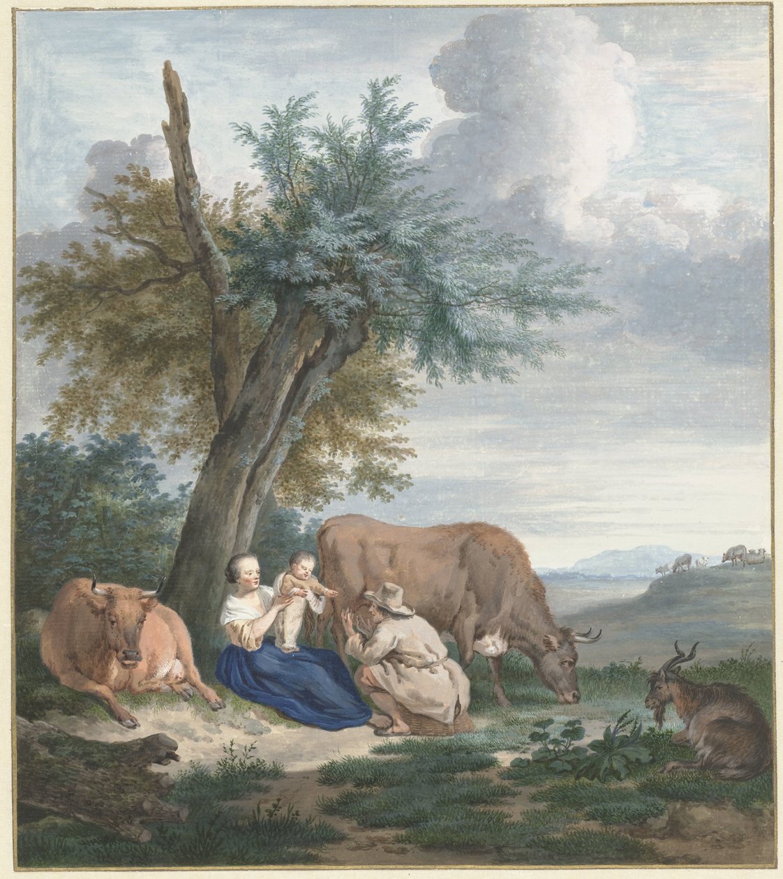 Bondekvinne og bonde med barn i et landskap med storfe av Aert Schouman