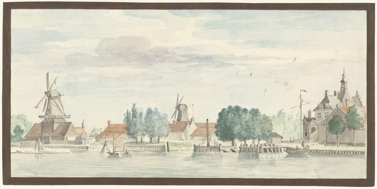 Utsikt over Dordrecht med Rietdijkspoort og vindmøller av Aert Schouman