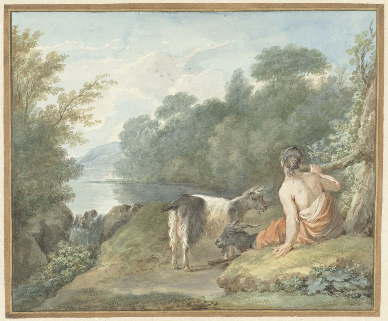 Gjeterinne med geiter i et landskap med en innsjø av Aert Schouman