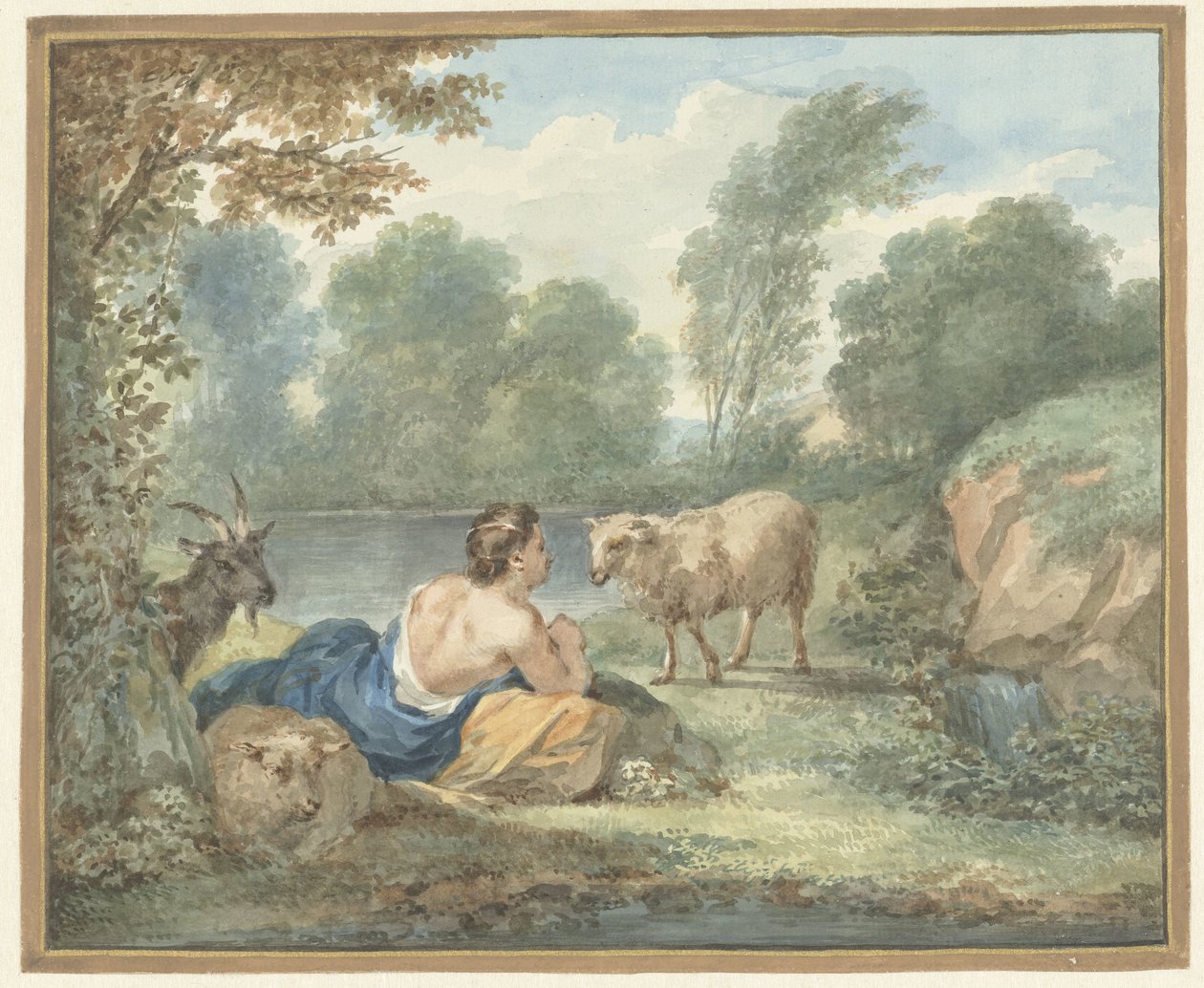 Gjeterinne med sauer i et landskap med en innsjø av Aert Schouman