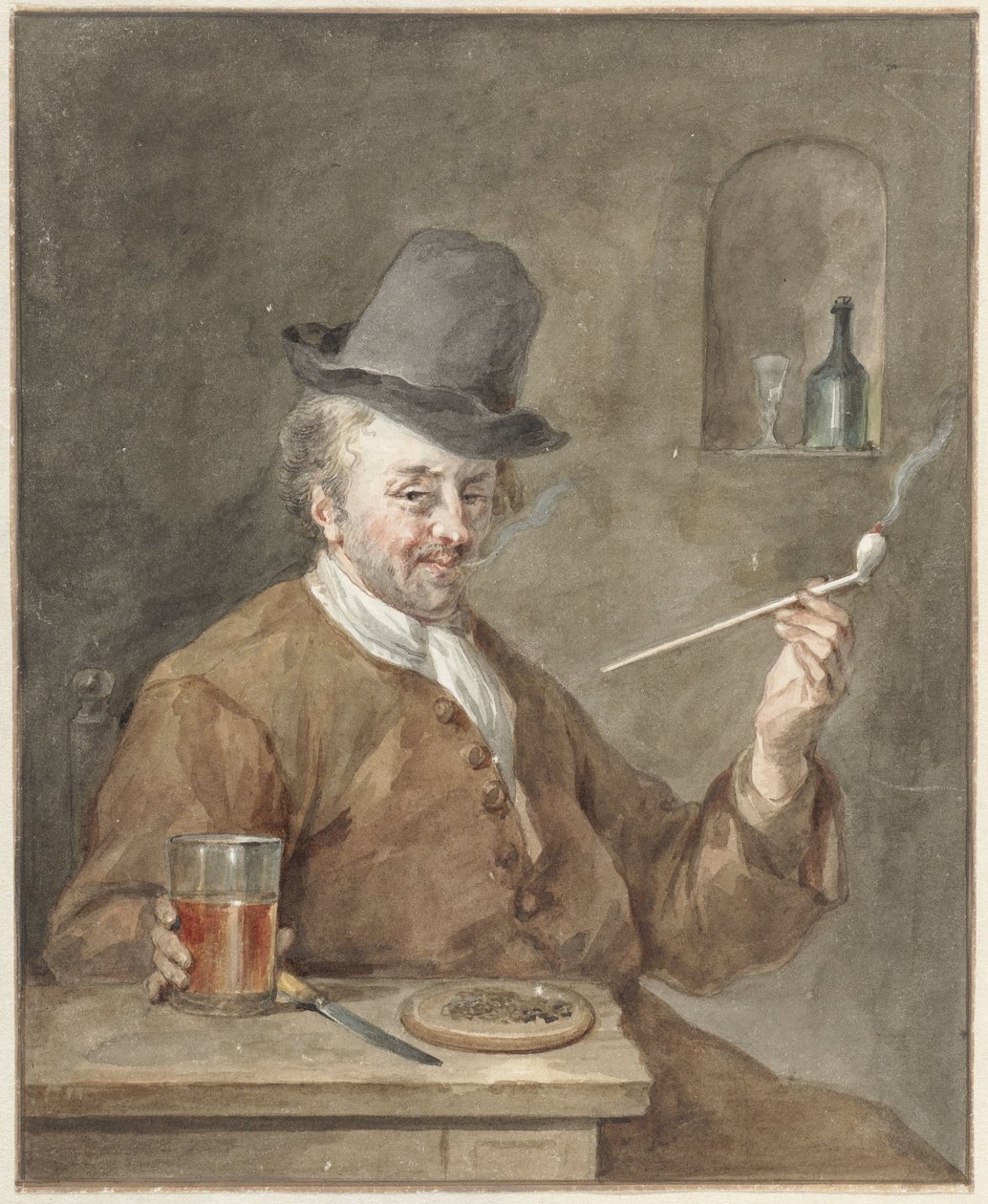 Røykende mann ved et bord med en tallerken, en kniv og et glass av Aert Schouman