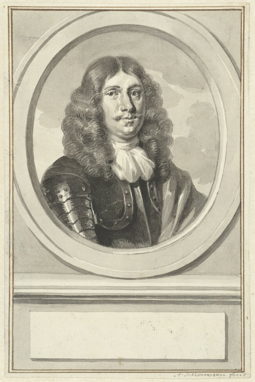 Portrett av Cornelis Evertsen i rustning, i oval, til høyre av Aert Schouman