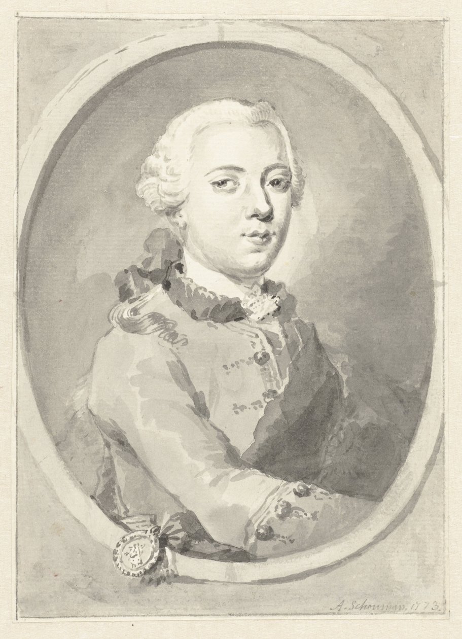 Portrett av William V, Prince of Orange-Nassau, til høyre, i oval av Aert Schouman