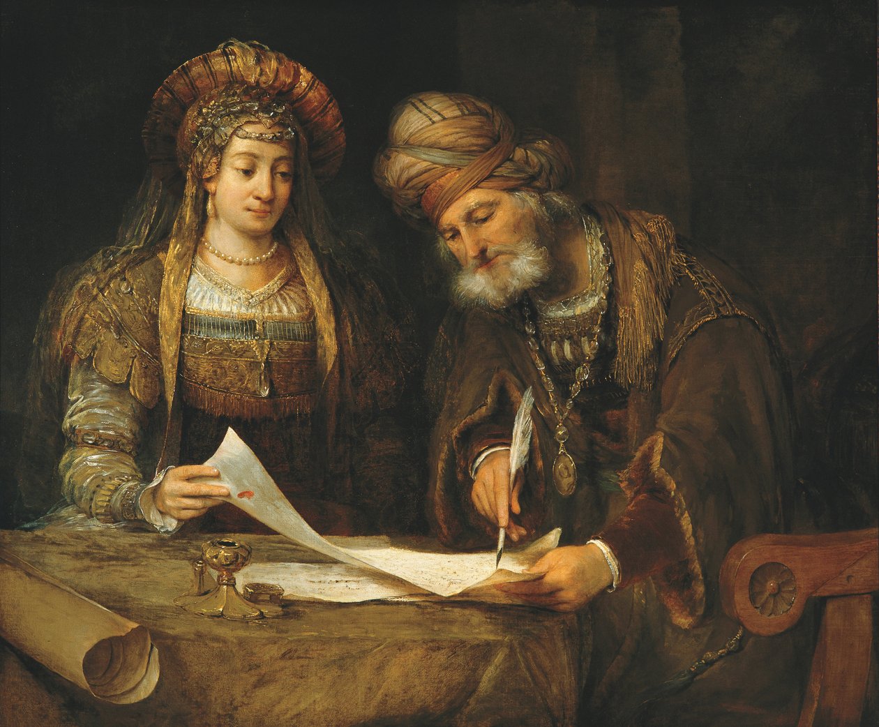 Esther og Mordekai skriver det første brevet i Purim, ca. 1675 (olje på lerret) av Aernt de Gelder