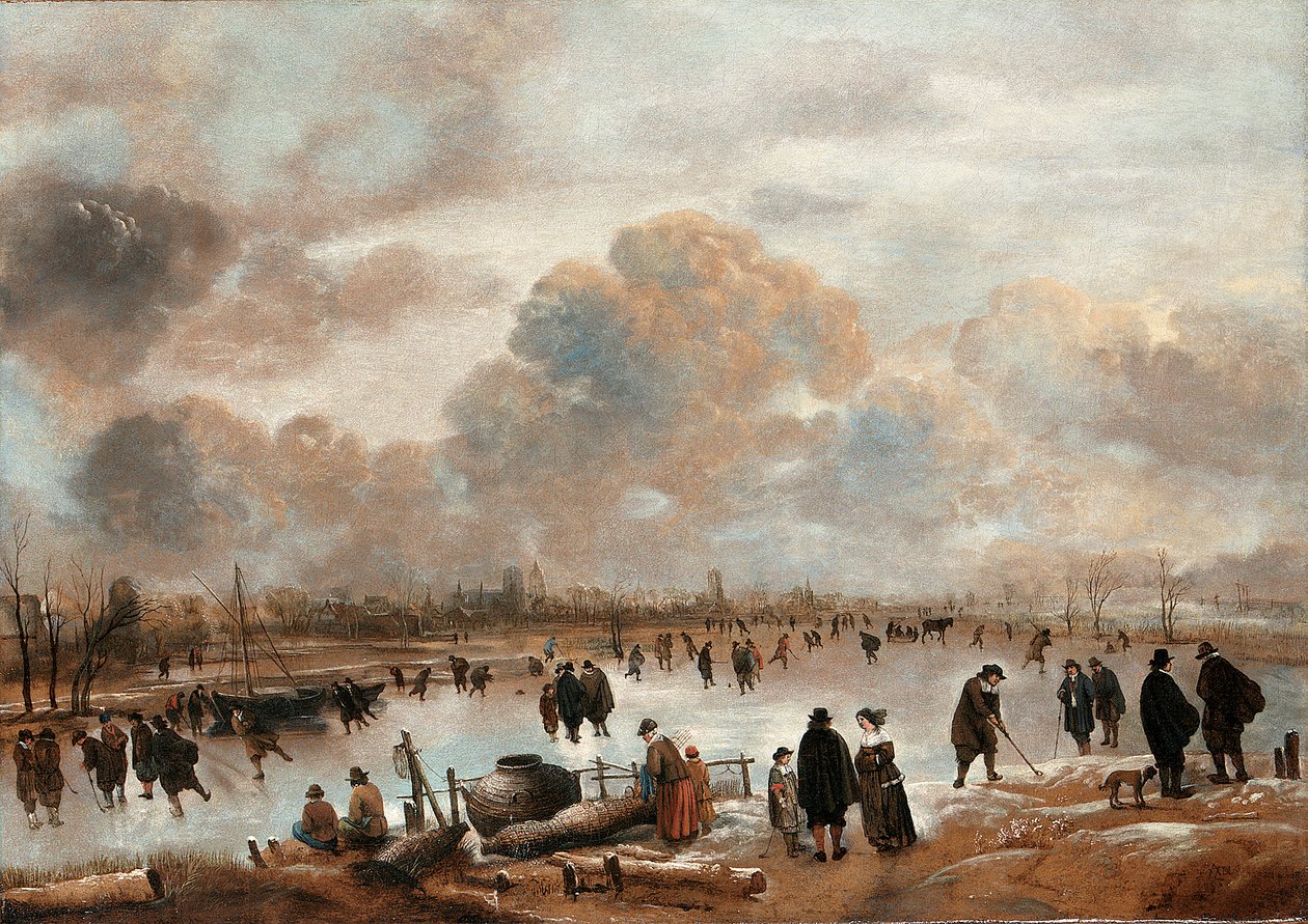Et vinterlandskap med skatere og byfolk på en frossen vannvei av Aert van der Neer