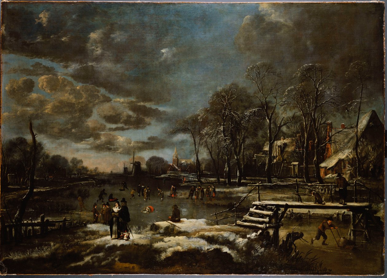 Et vinterelvelandskap med figurer som spiller golf og skøyter av Aert van der Neer
