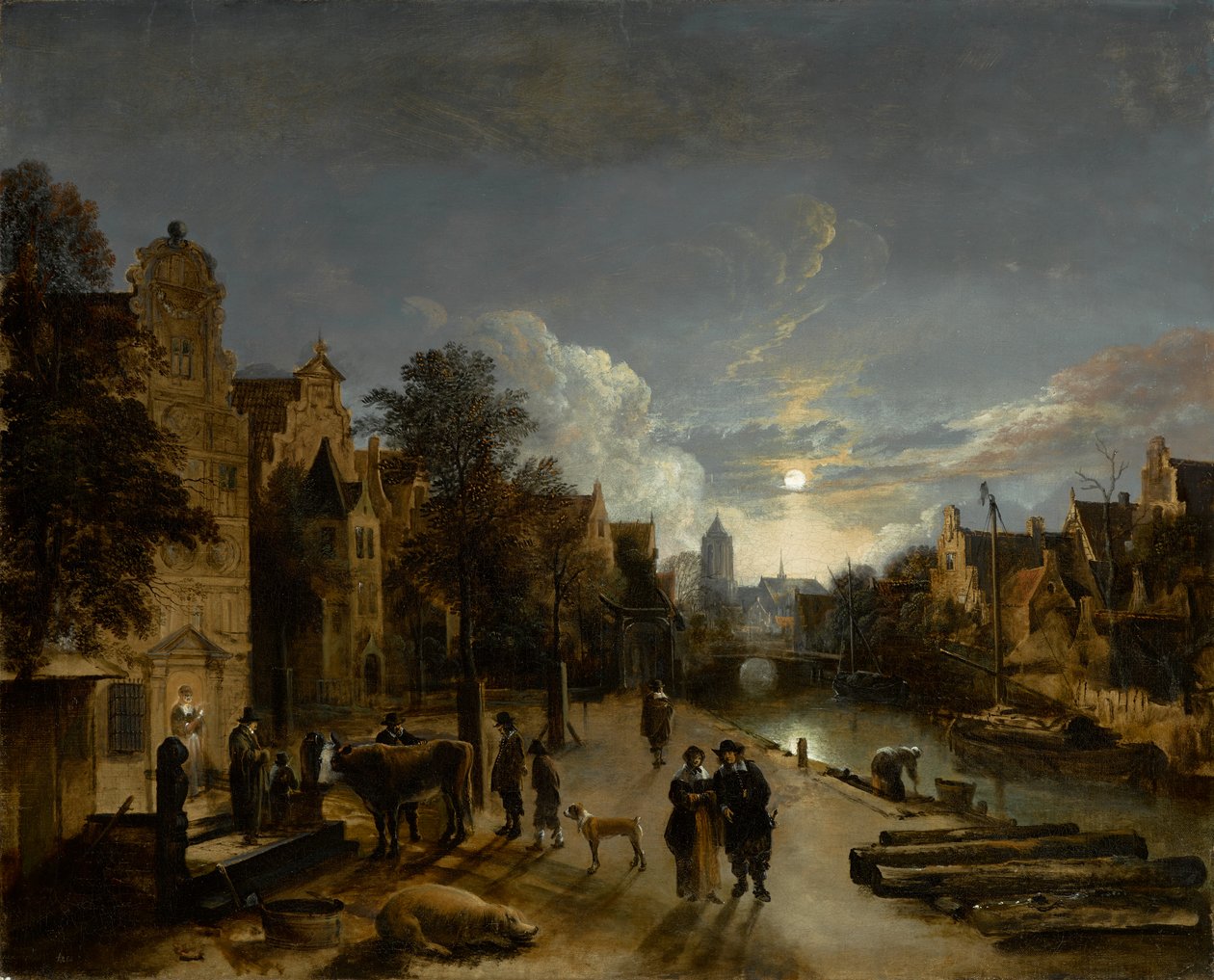 Kanalscene i måneskinn, rundt 1660-tallet (olje på lerret) av Aert van der Neer
