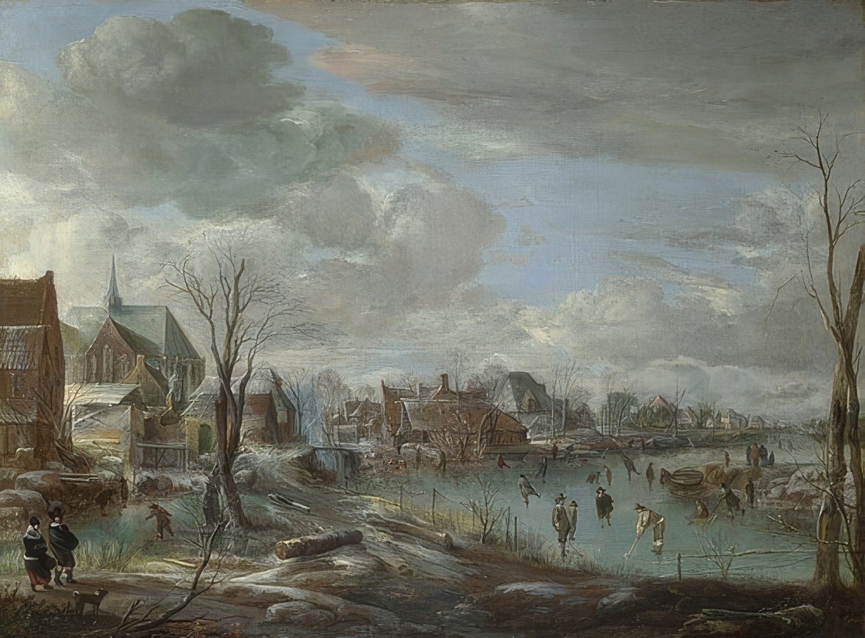 En frossen elv nær en by med golfere og skatere. Rundt 1648 av Aert van der Neer