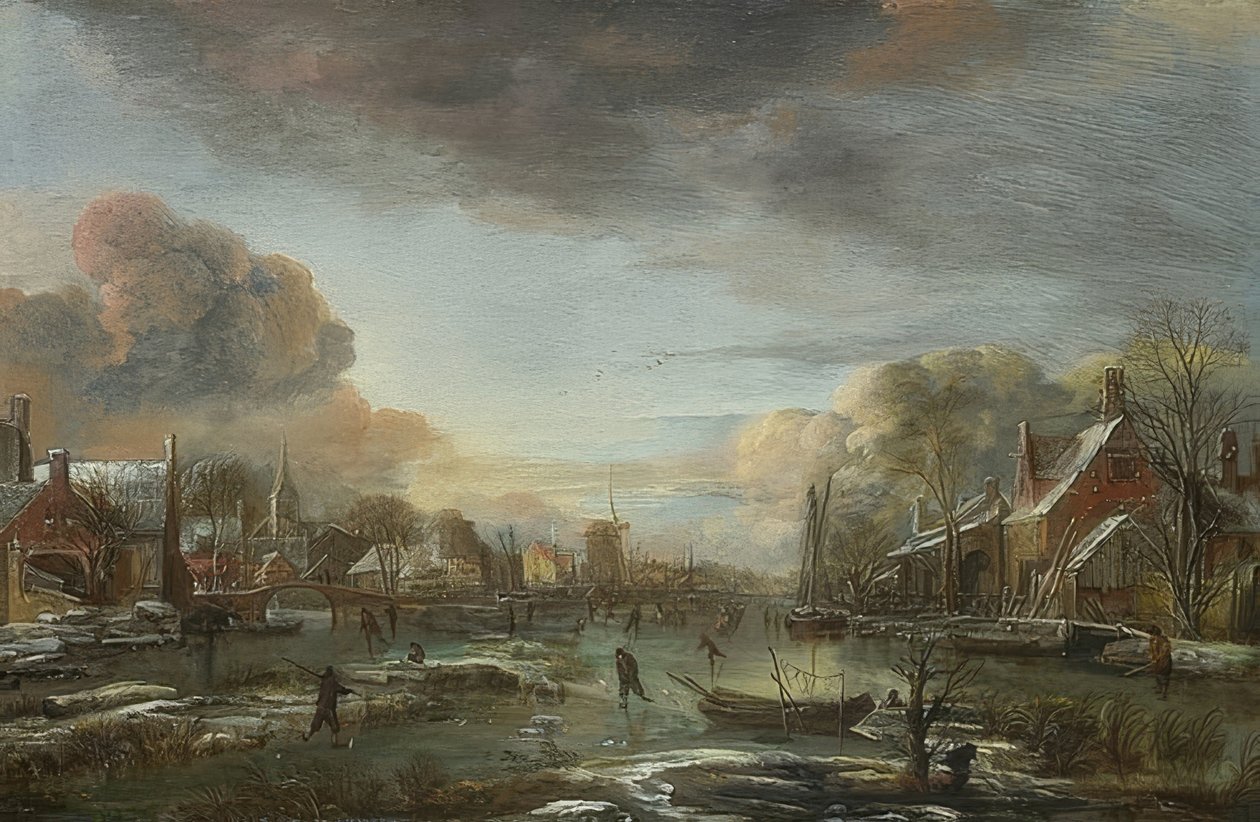 En frossen elv med en by om kvelden. Rundt 1665 av Aert van der Neer