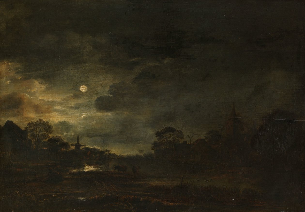 Landskap ved måneskinn av Aert van der Neer