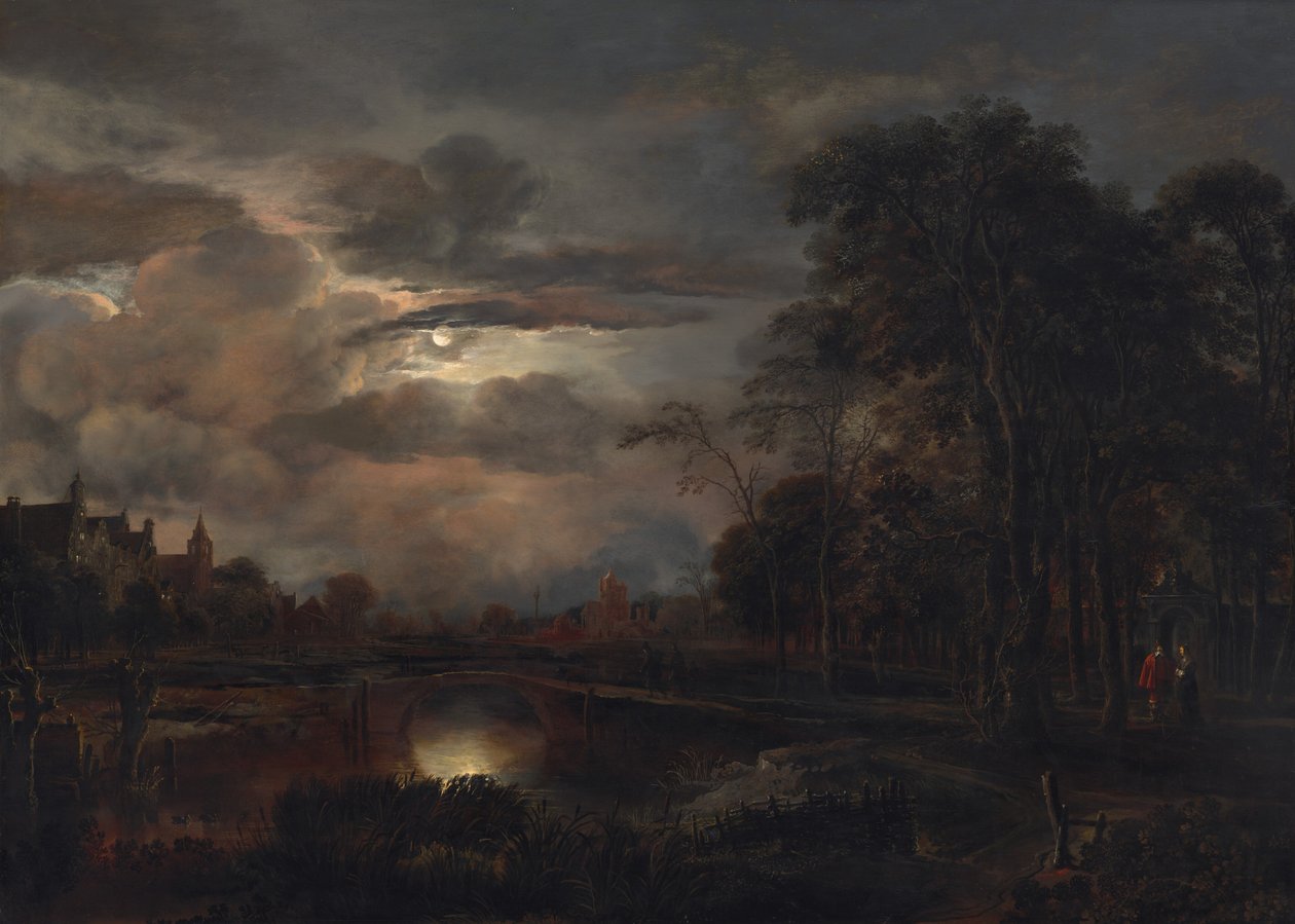 Månebelyst landskap med bro av Aert van der Neer