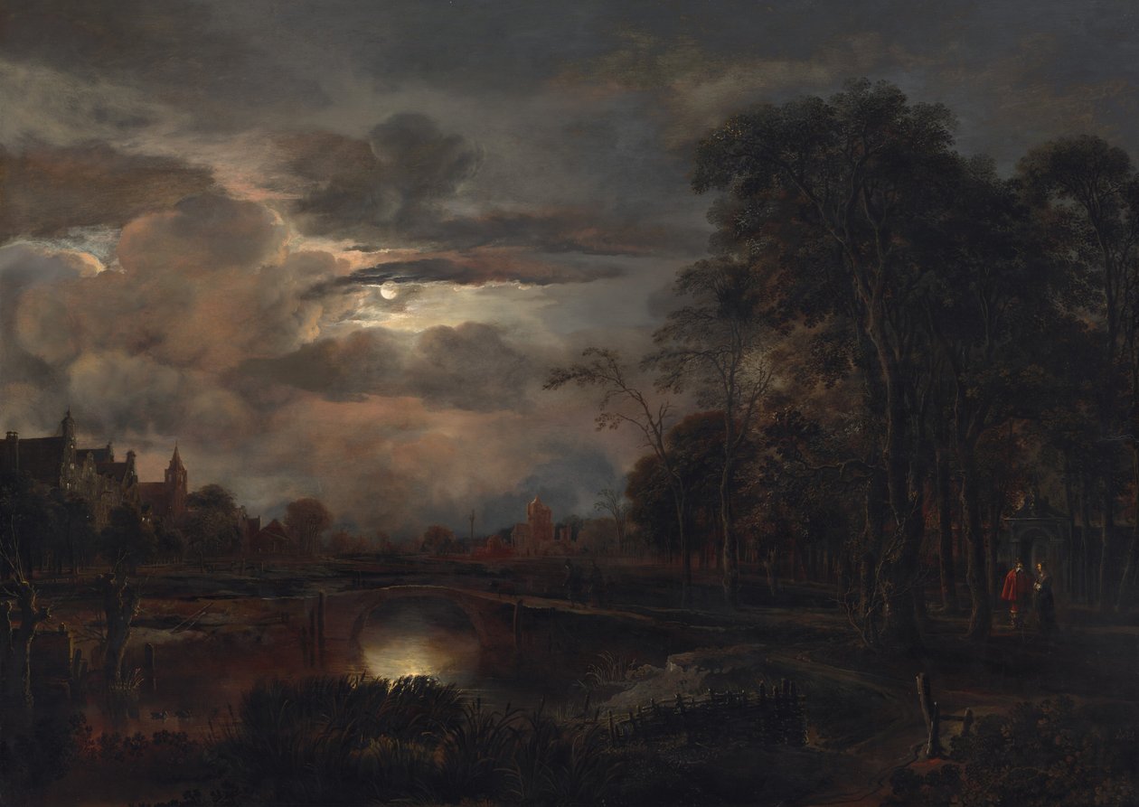 Månebelyst landskap med bro, sannsynligvis 16481650. av Aert van der Neer
