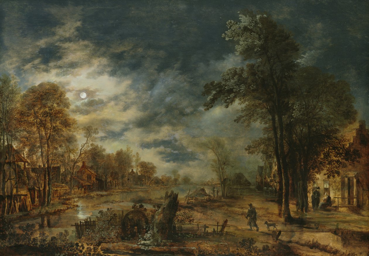 Månebelyst landskap med en landsby av Aert van der Neer