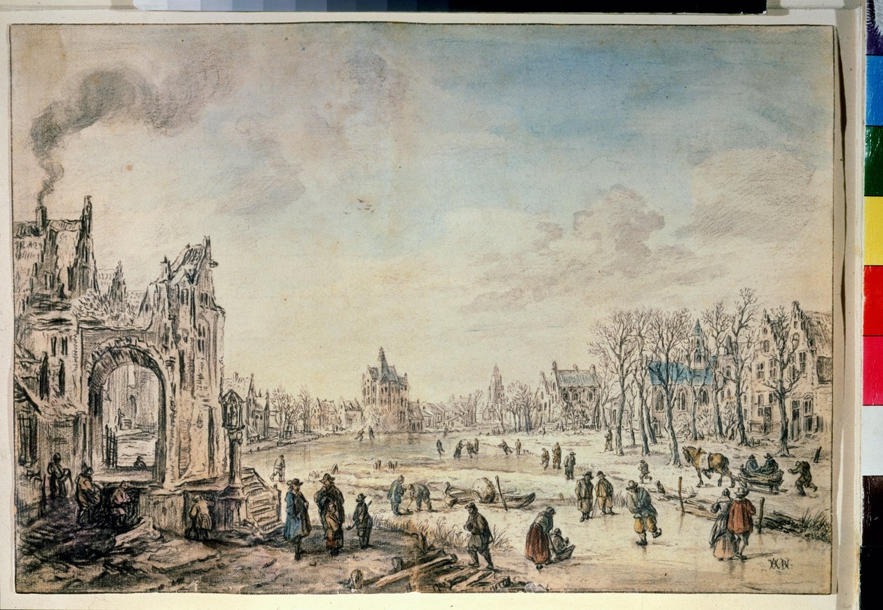 Vinterlandskap med skatere. Tegning av Aert Van der Neer (1603-1677) av Aert van der Neer