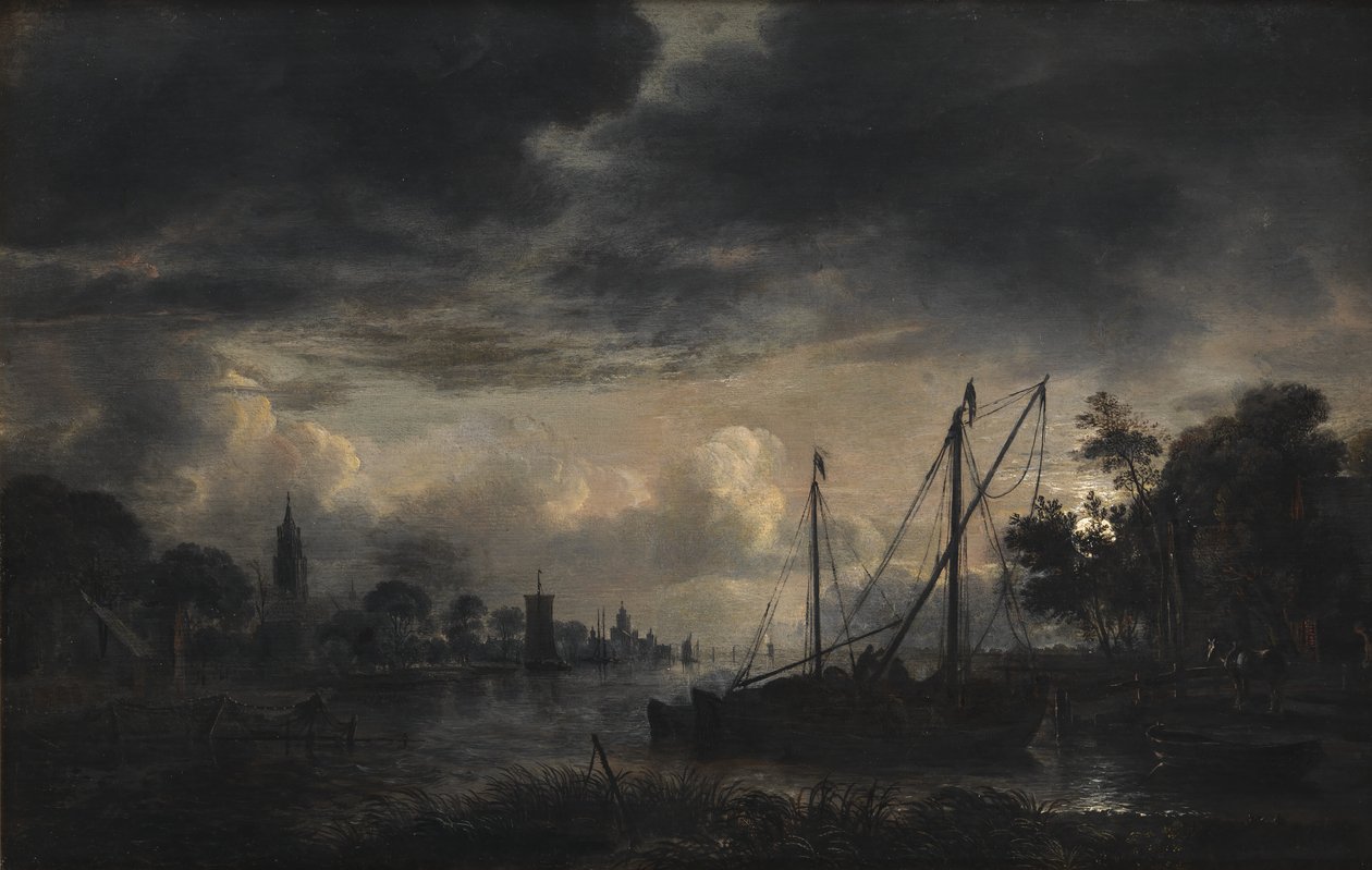 Elvelandskap i måneskinn av Aert van der Neer
