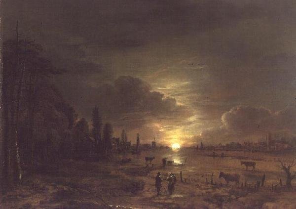 Elvelandskap med stigende måne av Aert van der Neer