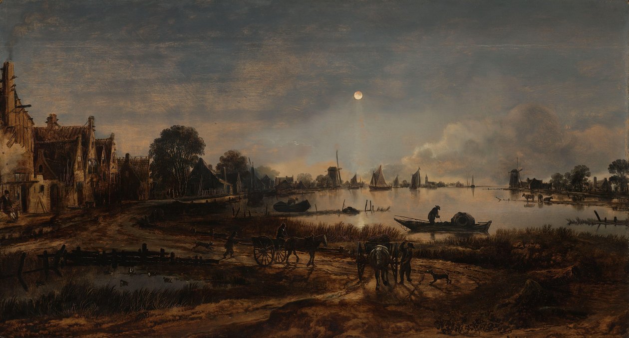 River View by Moonlight Landskap ved måneskinn av Aert van der Neer