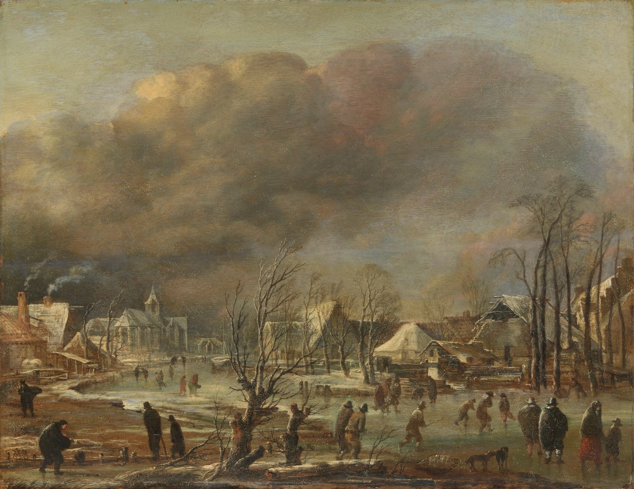 Snøfall på en landsby ved siden av en frossen kanal, 1630-77 av Aert van der Neer