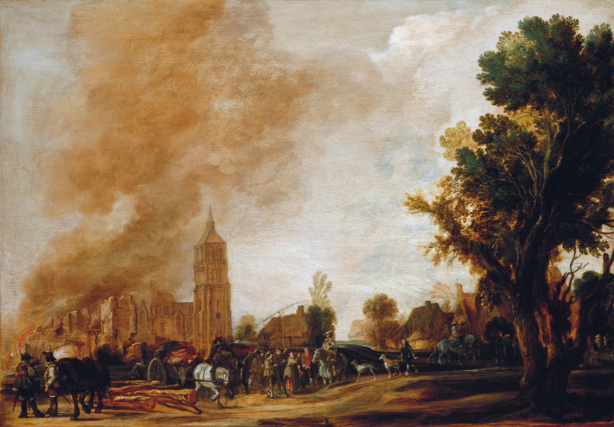 Soldater forlater en brennende landsby, 1637 av Aert van der Neer