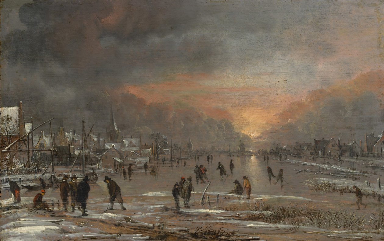 Sport på en frossen elv, sannsynligvis ca. 1660. av Aert van der Neer