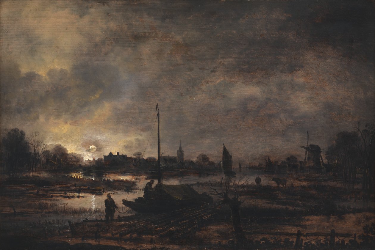 Månen stiger over en landsby av Aert van der Neer