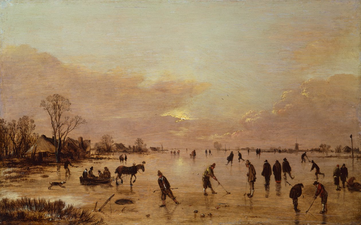 Vinterlandskap ved solnedgang (olje på lerret) av Aert van der Neer