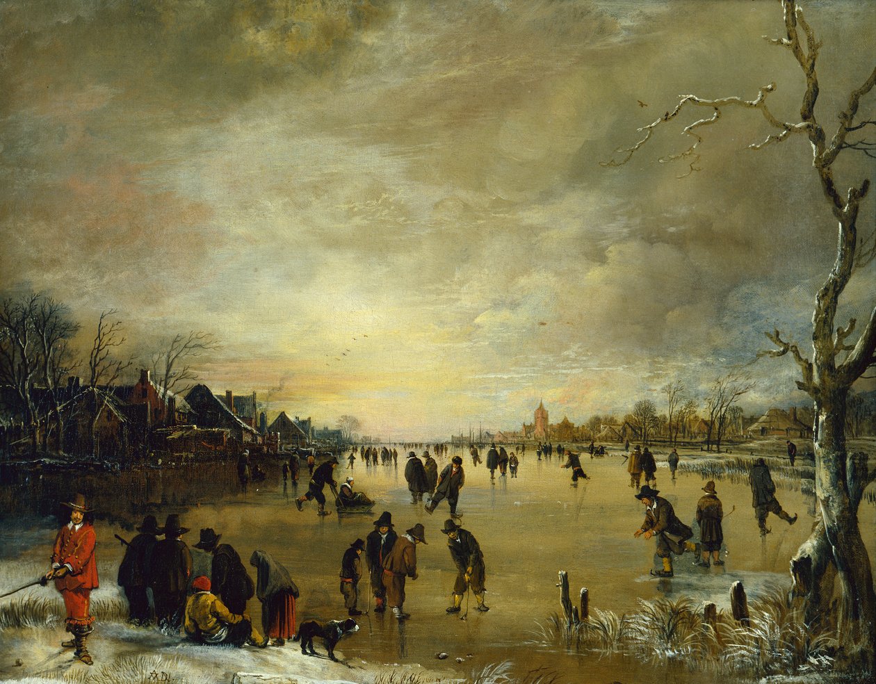 Vinterlandskap ved solnedgang med folk som spiller golf og skøyter (olje på lerret) av Aert van der Neer